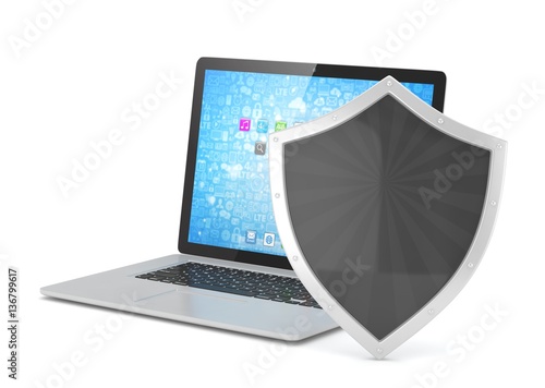 Free Download Laptop and shield on white, computer security concept. 3d rendering. - GFXLoad