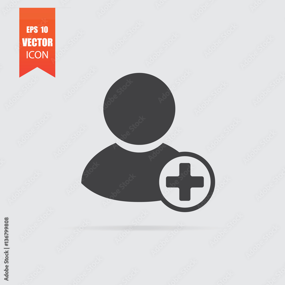 Add new user icon in flat style isolated on grey background. Add new user icon in flat style isolated on grey background.