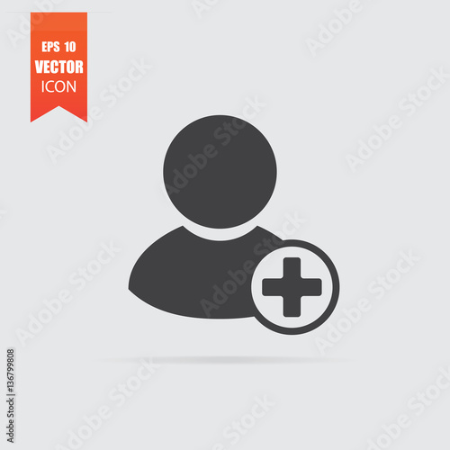 Add new user icon in flat style isolated on grey background.