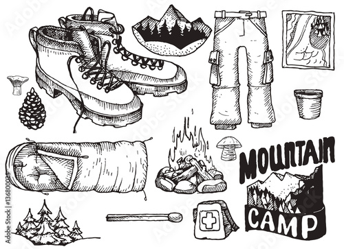 Vector set of highly detailed hand drawn camping stuff. Vintage signs collection.
