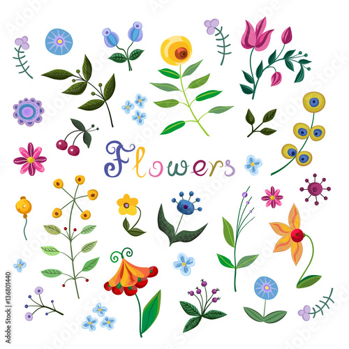 Vintage flowers collection watercolor painting imitation.