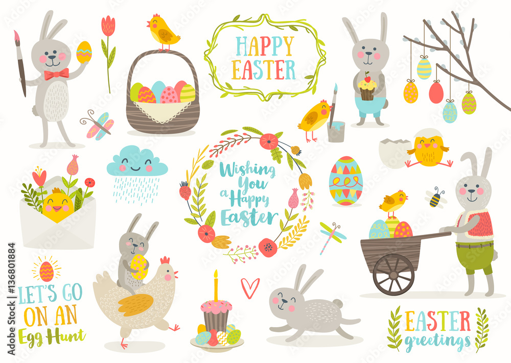Fototapeta premium Set of cute Easter cartoon characters and design elements. Easter bunny, chickens, eggs and flowers. Vector illustration.