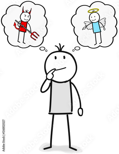 Figur denkt über moralische Entscheidungen nach mit Engelchen und Täufelchen