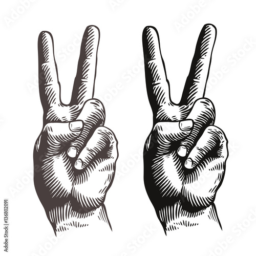 Hand gesture peace sign, symbol. Sketch vector illustration