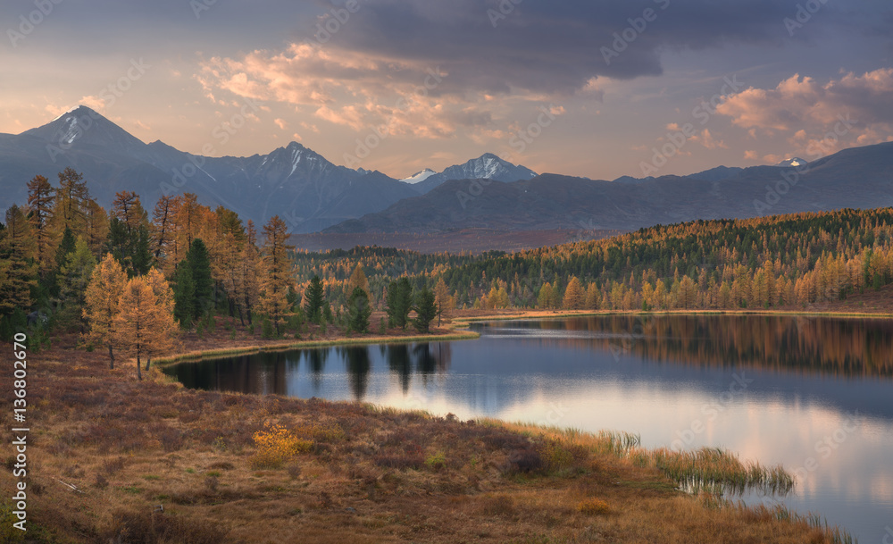 Mirror Surface Lake Beautiful Evening Autumn Landscape With Mountain Range On Background