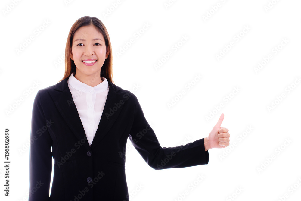 Happy business woman smiling and giving thumbs up on white background. Happy business woman smiling and giving thumbs up on white background.