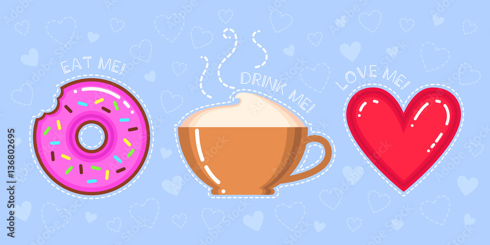 vector illustration of donut with pink glaze, cappuccino cup, red heart and text vector illustration of donut with pink glaze, cappuccino cup, red heart and text