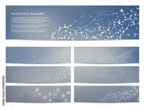 Set of modern scientific banners. Molecule structure DNA and neurons. Abstract background. Medicine, science, technology, business, website templates. Scalable vector graphics.
