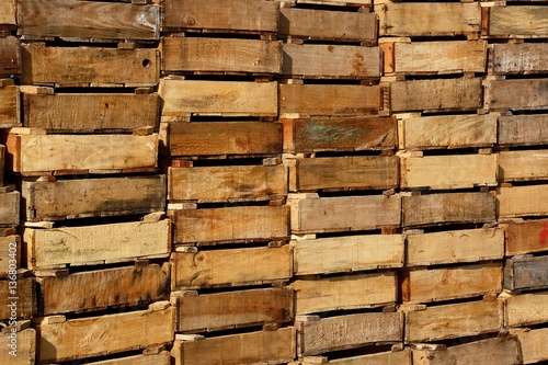 Wooden crates stacked in the harbour, Crete.