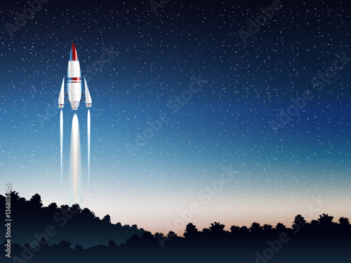 spaceship launching from station in deep forest at sunset