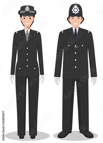 Couple of british policeman and policewoman in traditional uniforms standing together on white background in flat style. Police concept. Flat design people characters. Vector illustration.