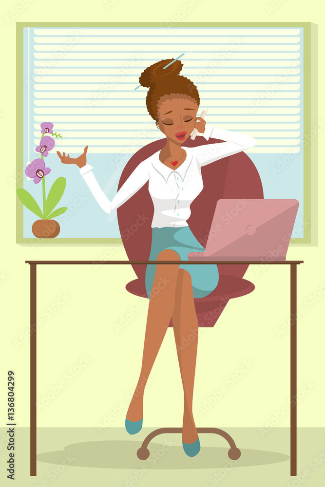 Business African woman or a clerk working at workplace. Young woman talks on phone at office desk. Design concept of the secretary or administrator. Isolated Vector illustration eps10 Business African woman or a clerk working at workplace. Young woman talks on phone at office desk. Design concept of the secretary or administrator. Isolated Vector illustration eps10