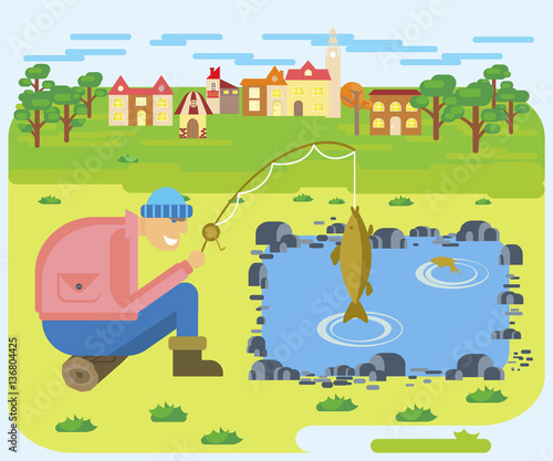 Fototapeta Naklejka Na Ścianę i Meble -  Flat illustration of fishing on a lake on cute village background . Vector hunting for fish, fishing on the water concept for banner. Funny cartoon of fisherman is catching a big fish