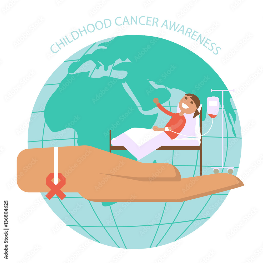 Obraz premium International Childhood cancer day banner. The hand symbolizes help and support to sick children. Child oncology disease concept in vector flat design