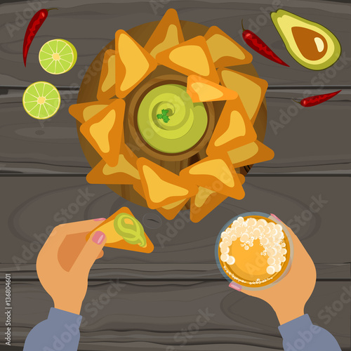 Person is eating guacamole and nachos with glass of beer on wooden table. Top view Vector illustration eps 10