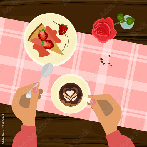 Person is eating cake with love coffee top view. Valentine's day menu. Vector illustration eps 10