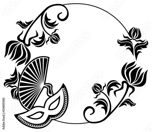 Round silhouette frame with carnival masks and abstract flowers. Vector clip art