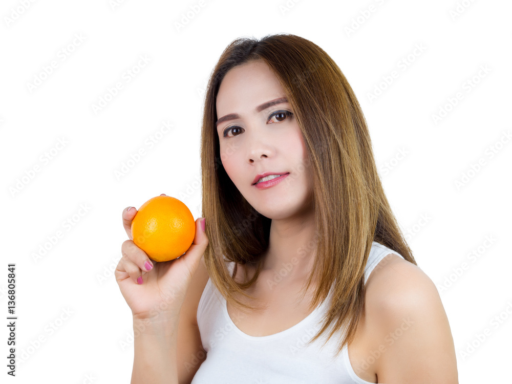 Asian Woman smiling And holding orange, isolated on white background. Healthy Food concept. Asian Woman smiling And holding orange, isolated on white background. Healthy Food concept.