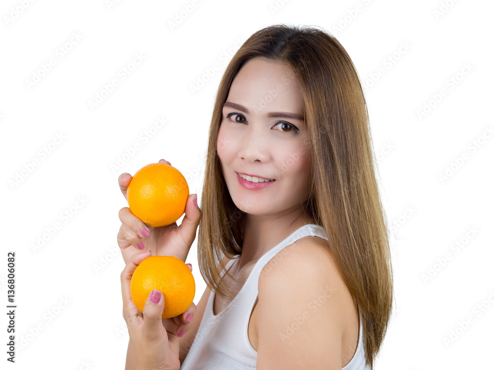 Asian Woman smiling And holding orange on two hand, isolated on white background. Healthy Food concept. Asian Woman smiling And holding orange on two hand, isolated on white background. Healthy Food concept.