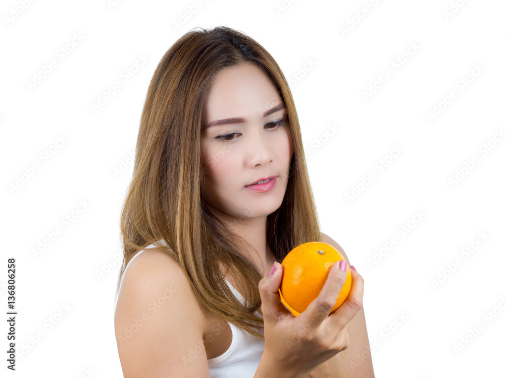 Asian Woman smiling And holding orange, isolated on white background. Healthy Food concept. Asian Woman smiling And holding orange, isolated on white background. Healthy Food concept.