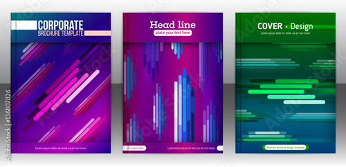 Abstract set of geometric background. Diagonal, vertical and horisontal colorful lines. Modern minimalism business brochure cover template. Flat design geometric elements. Vector illustration eps 10.