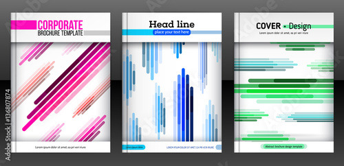 Abstract set of geometric background. Diagonal, vertical and horisontal colorful lines. Modern minimalism business brochure cover template. Flat design geometric elements. Vector illustration eps 10.