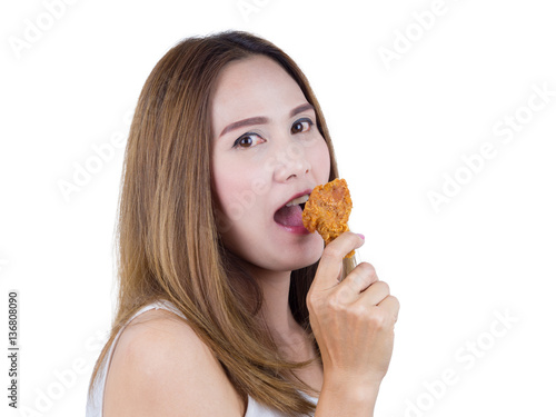 Asian Woman smiling And holding fried chicken  isolated on white background. Healthy Food concept.