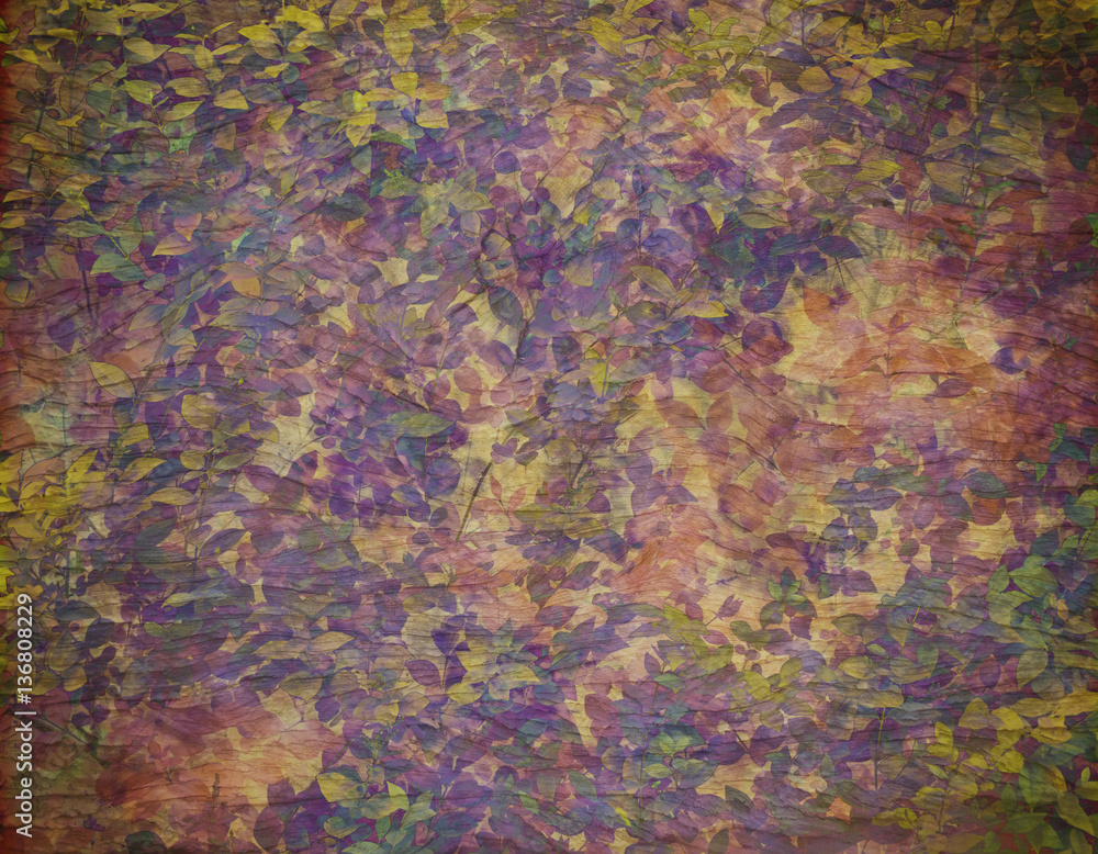 Leafy autumn greenery canvas and wood textured grunge background. Copy space for text.