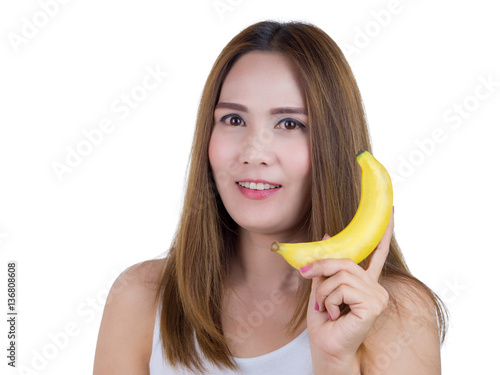 Asian Woman smiling And holding banana, isolated on white background. Healthy Food concept.
