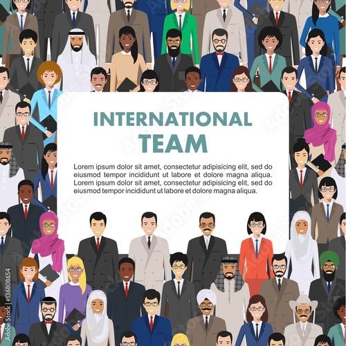 Seamless pattern social, teamwork and business team concept of people communication in flat style. Group of businessmen and businesswomen standing together. Different nationalities and dress styles.