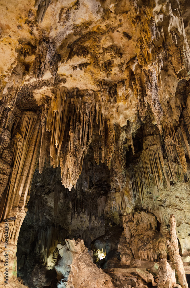 Nerja cave formations. Stalactites and stalagmites in the famous Nerja caves in Malaga, Andalusia, Spain.