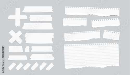 Sticky, adhesive masking tape, ripped note, notebook, copybook paper sheets.