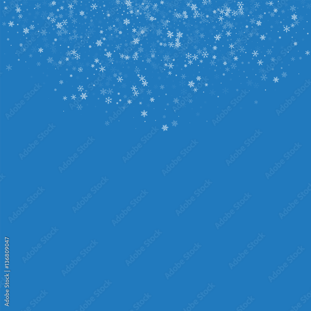 Beautiful snowfall. Top semicircle on blue background. Vector illustration.