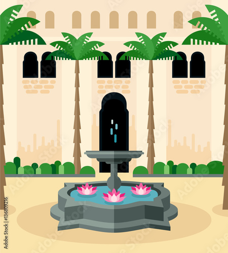 Mediterranean courtyard with ancient fountain and inner garden with palms.
