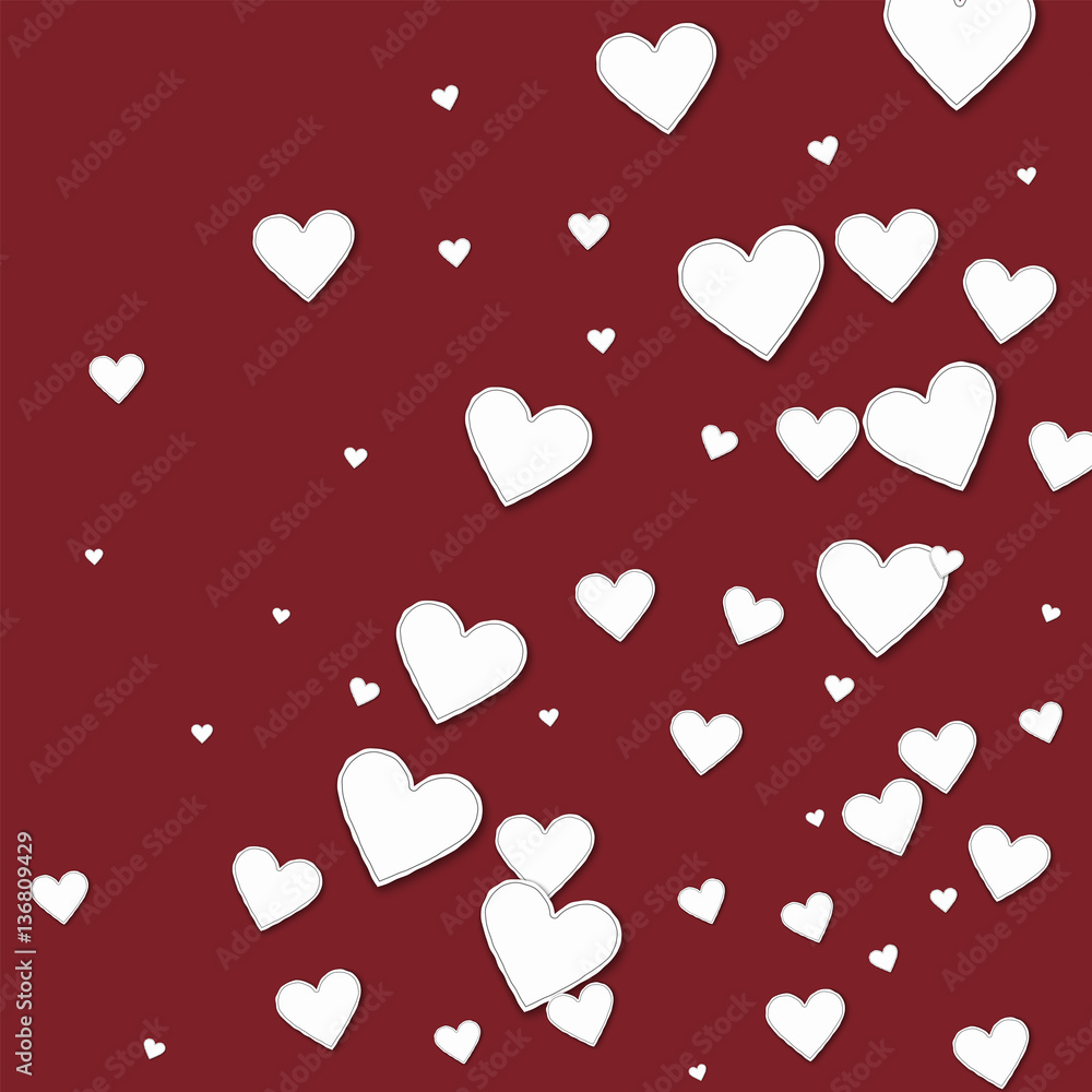 Cutout paper hearts. Abstract random scatter on wine red background. Vector illustration.