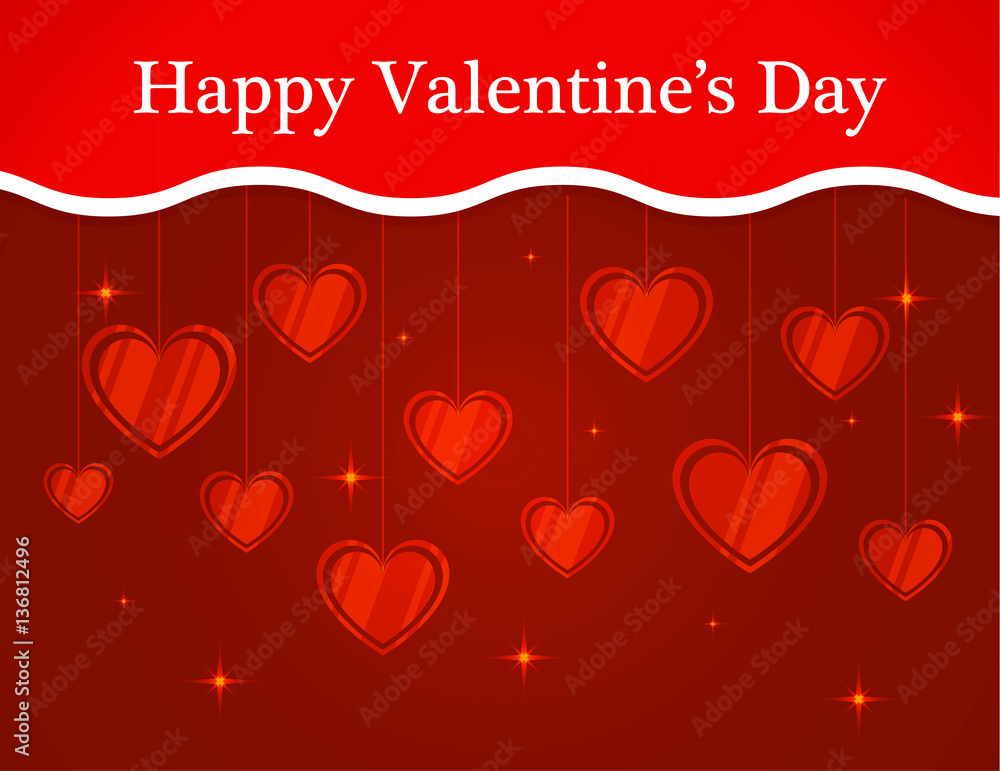 Vector a banner for Valentine's Day with the hearts hanging on threads