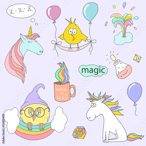 Magic hand drawn set - unicorn, rainbow and owl