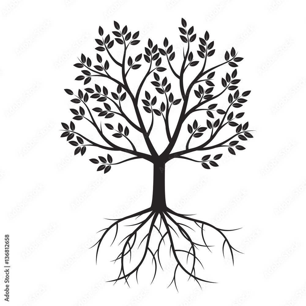 Obraz premium Black Tree with Roots. Vector Illustration.