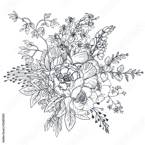 Floral composition. Bouquet with hand drawn flowers and plants.