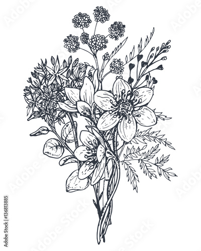 Floral composition. Bouquet with hand drawn flowers and plants.