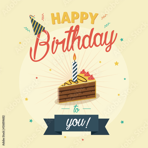 Birthday greeting and invitation card with birthday cake and a candle.