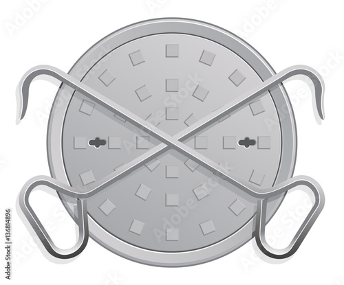 Vector Illustration of a Manhole Cover and two Hooks.