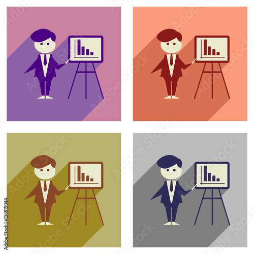 Concept of flat icons with long shadow businessman presentation