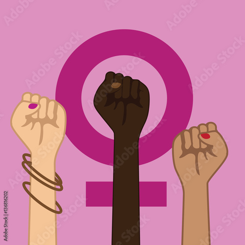 Feminism Power Symbol. Three multicultural women raising fists in solidarity. EPS 10 vector.