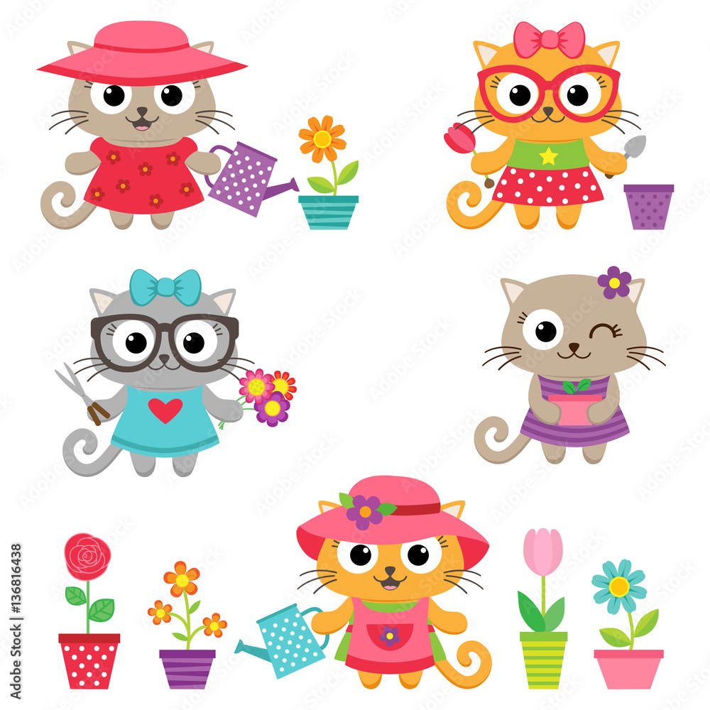 Naklejka premium Cute little cat girls with gardening tools