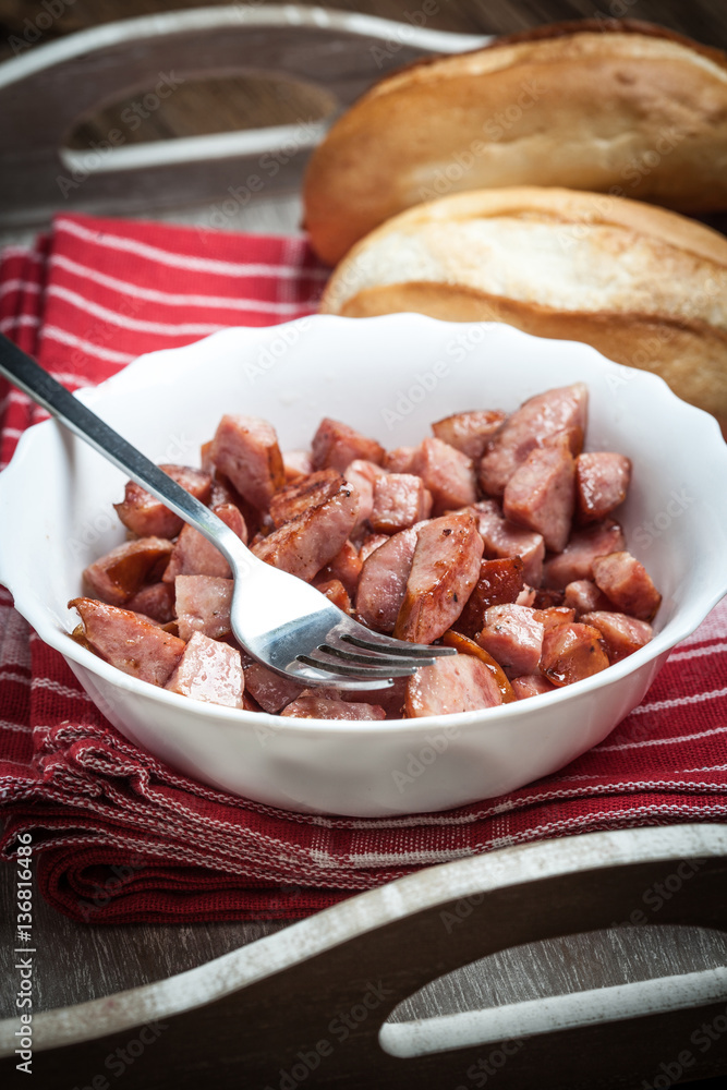 Pieces of sausage fried. Pieces of sausage fried.