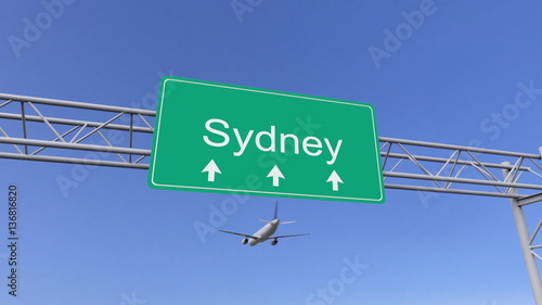 Twin engine commercial airplane arriving to Sydney airport. Travelling to Australia conceptual 3D rendering