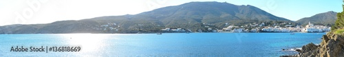 panoramic cityscape of Dali famous landmark spanish village Cadaques port on blue mediterranean sea sunny day
