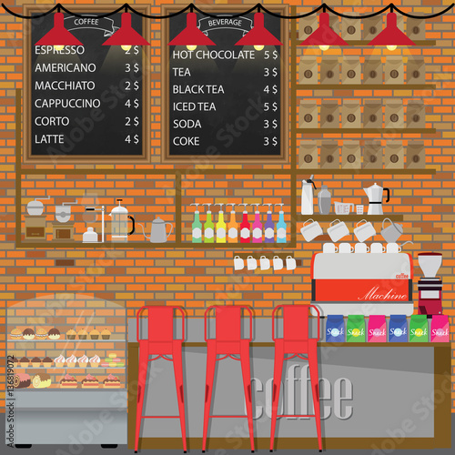 Modern Flat Design Coffee shop Interior Vector Style