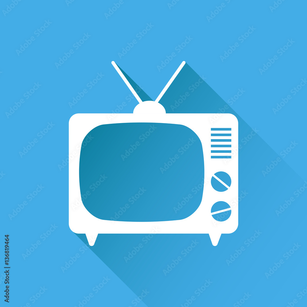 Tv Icon vector illustration in flat style isolated on blue background with long shadow. Television symbol for web site design, logo, app, ui. Tv Icon vector illustration in flat style isolated on blue background with long shadow. Television symbol for web site design, logo, app, ui.